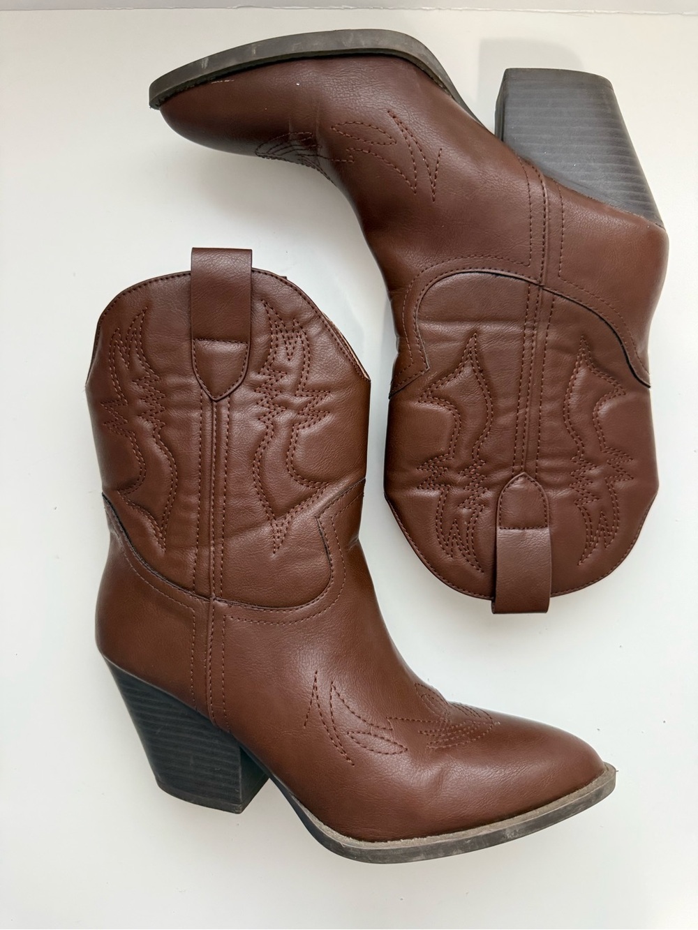 Brown Western Block Heel Ankle Boots
